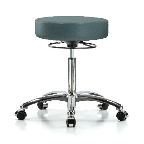 Bench Stool, Med, Chrom, Vinyl, Castrs, Blu