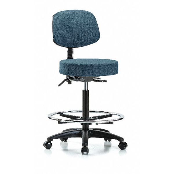 Bench Stool, Hi, Fabric, Bk, CF, Casters, Blu, Material: Chrome, Polyurethane Foam