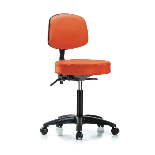 Bench Stool, Med, Vinyl, Bk, Casters, Orange