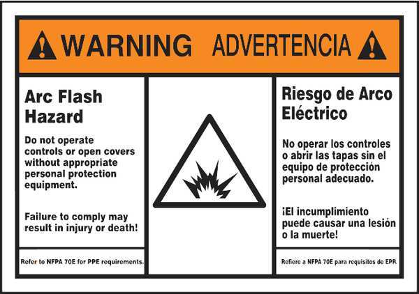 Arc Flash Label, Bilingual, 5x7 in, Dura-Vinyl, SBLSPS375