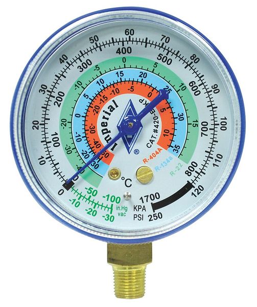 Gauge, 2-1/2 In Dia, Low Side, Blue, 250 psi