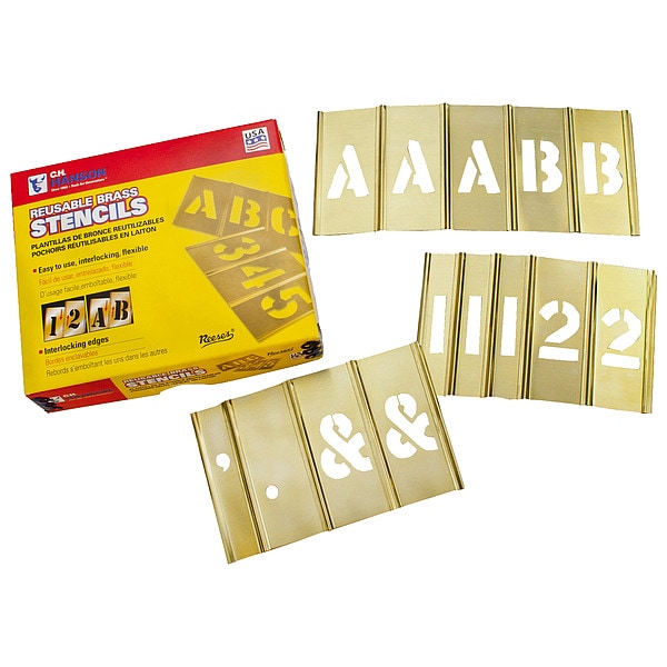 Stencil Kit, 2 in Character Height, 1 in Character Width, Letters and Numbers, Brass, 92 pc Set