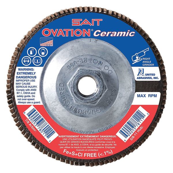 SAIT 78321 OvationÂ® Ceramic High Density Fiberglass Backed Flap Disc  (Type 27) 4-1/2