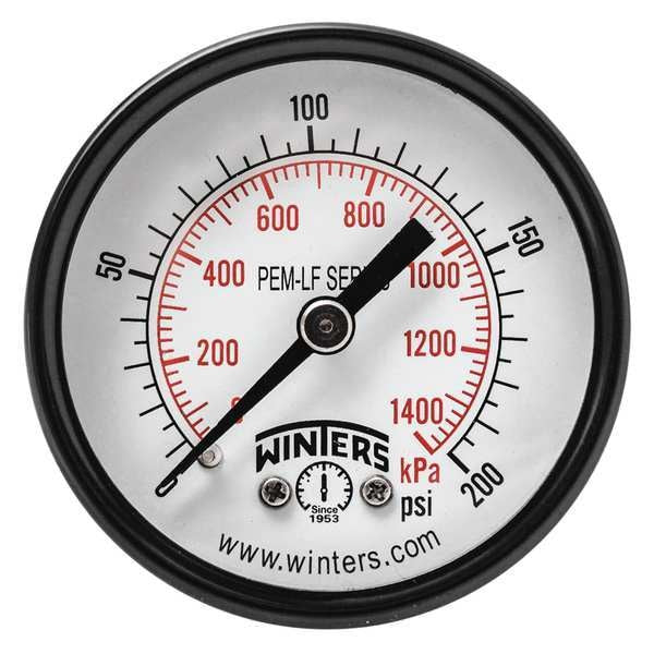 Pressure Gauge, 0 to 200 psi, 1/8 in MNPT, Steel, Black