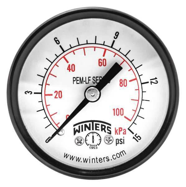 Pressure Gauge, 0 to 15 psi, 1/4 in MNPT, Steel, Black