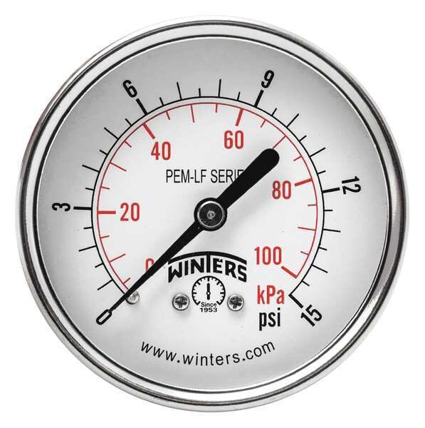 Pressure Gauge, 0 to 15 psi, 1/4 in MNPT, Steel, Black