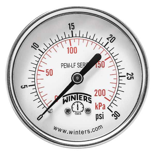 Pressure Gauge, 0 to 30 psi, 1/4 in MNPT, Steel, Black