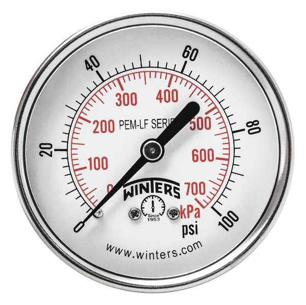 Pressure Gauge, 0 to 100 psi, 1/4 in MNPT, Steel, Black
