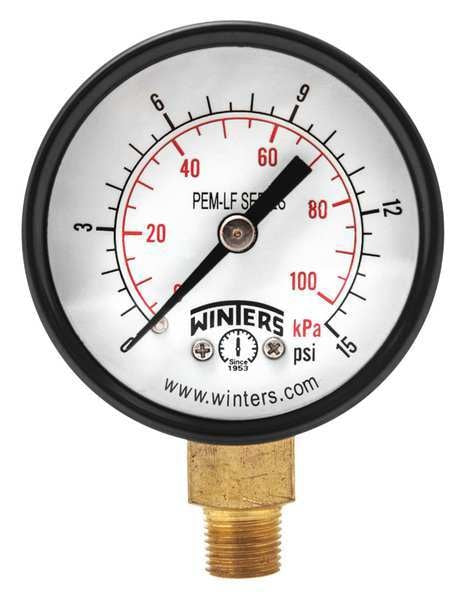 Pressure Gauge, 0 to 15 psi, 1/8 in MNPT, Steel, Black