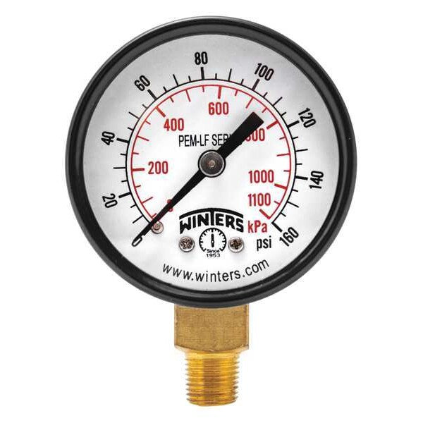 Pressure Gauge, 0 to 160 psi, 1/8 in MNPT, Steel, Black