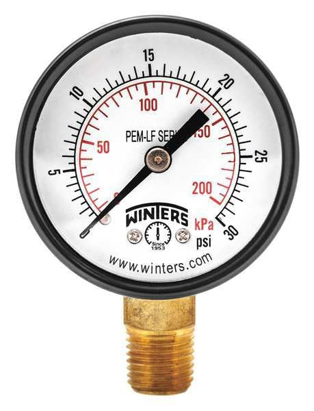Pressure Gauge, 0 to 30 psi, 1/4 in MNPT, Steel, Black