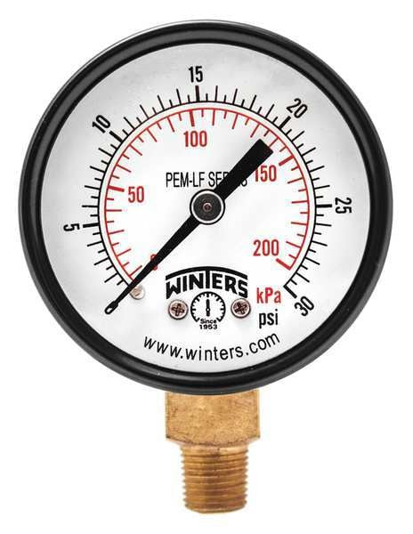 Pressure Gauge, 0 to 30 psi, 1/8 in MNPT, Steel, Black