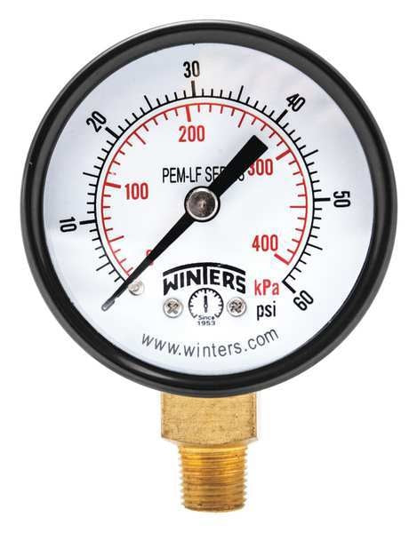 Pressure Gauge, 0 to 60 psi, 1/8 in MNPT, Steel, Black