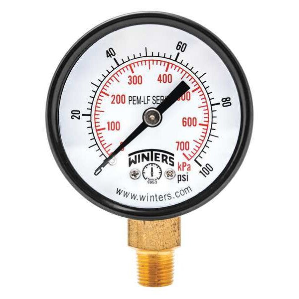 Pressure Gauge, 0 to 100 psi, 1/8 in MNPT, Steel, Black