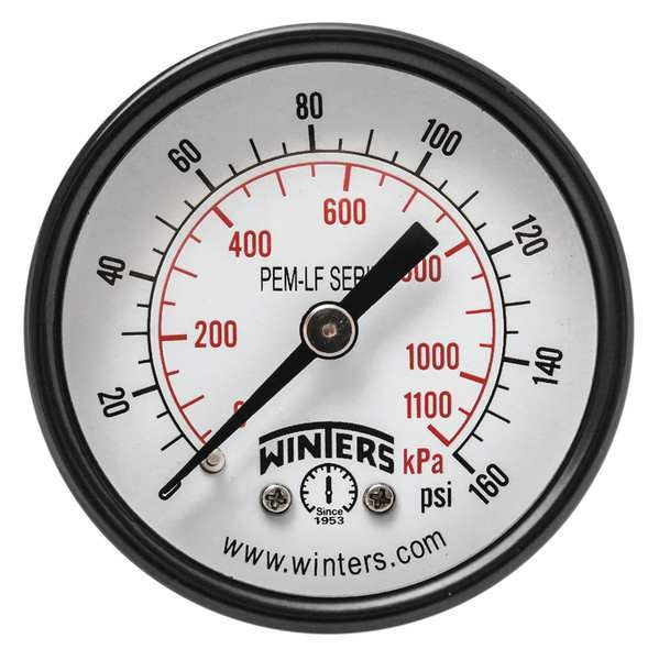 Pressure Gauge, 0 to 160 psi, 1/4 in MNPT, Steel, Black