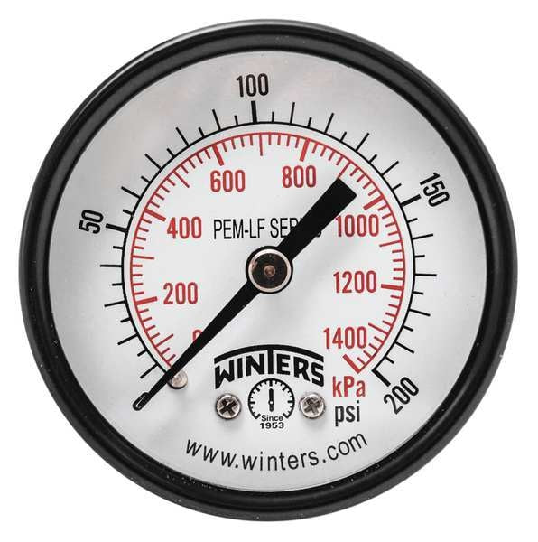 Pressure Gauge, 0 to 200 psi, 1/4 in MNPT, Steel, Black