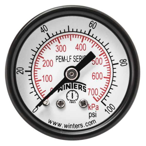 Pressure Gauge, 0 to 100 psi, 1/8 in MNPT, Steel, Black