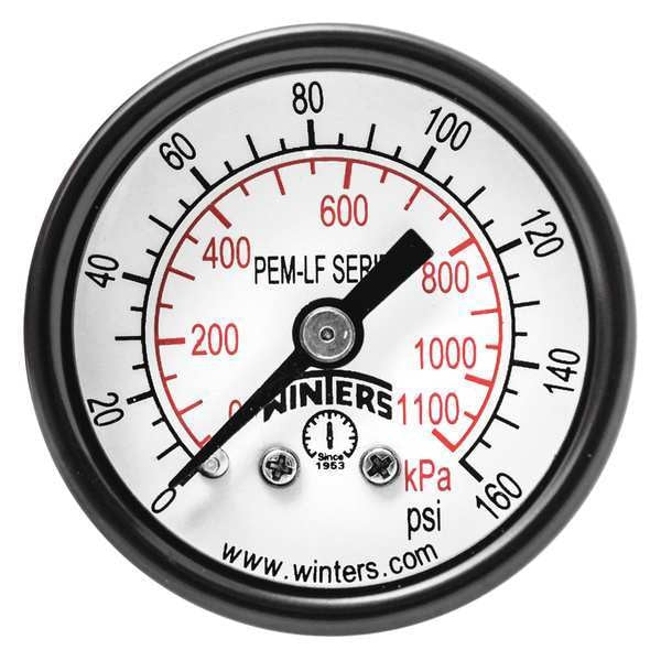 Pressure Gauge, 0 to 160 psi, 1/8 in MNPT, Steel, Black