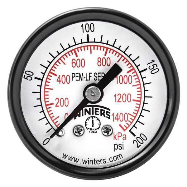 Pressure Gauge, 0 to 200 psi, 1/8 in MNPT, Steel, Black