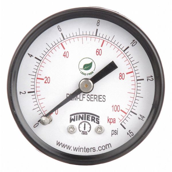 Pressure Gauge, 0 to 15 psi, 1/8 in MNPT, Steel, Black