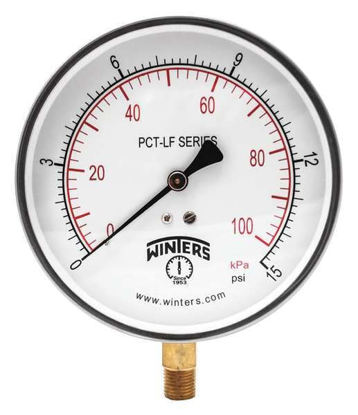Pressure Gauge, 0 to 15 psi, 1/4 in MNPT, Stainless Steel, Silver
