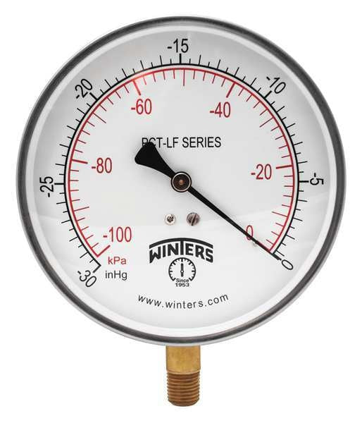 Vacuum Gauge, -30 to 0 in Hg, 1/4 in MNPT, Stainless Steel, Silver