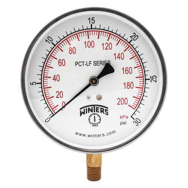 Pressure Gauge, 0 to 30 psi, 1/4 in MNPT, Stainless Steel, Silver