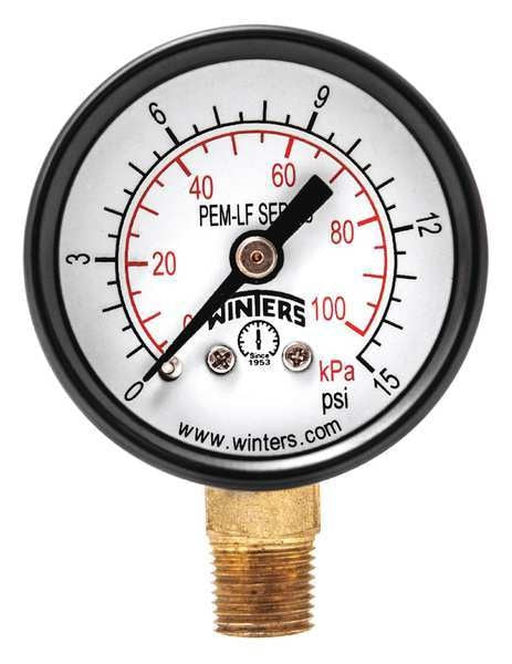 Pressure Gauge, 0 to 15 psi, 1/8 in MNPT, Steel, Black