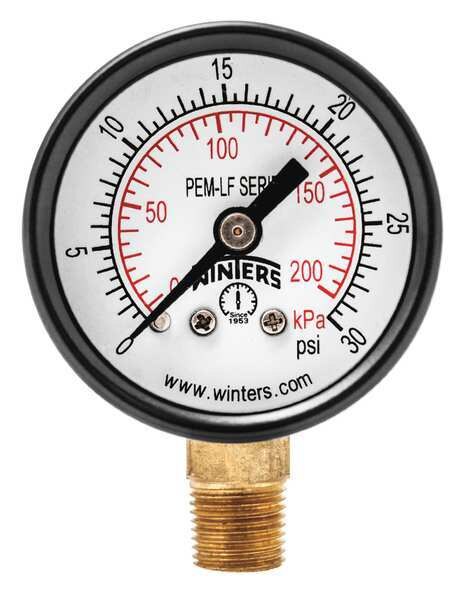 Pressure Gauge, 0 to 30 psi, 1/8 in MNPT, Steel, Black