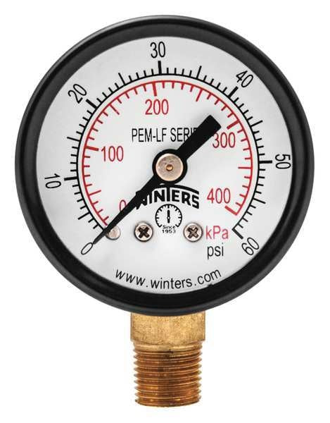 Pressure Gauge, 0 to 60 psi, 1/8 in MNPT, Steel, Black