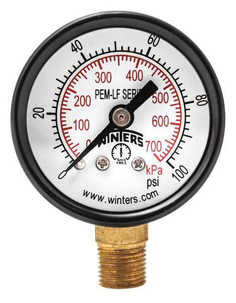 Pressure Gauge, 0 to 100 psi, 1/8 in MNPT, Steel, Black