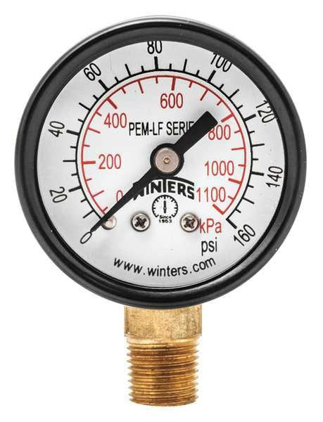 Pressure Gauge, 0 to 160 psi, 1/8 in MNPT, Steel, Black
