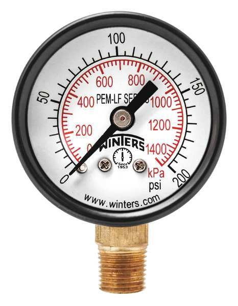 Pressure Gauge, 0 to 200 psi, 1/8 in MNPT, Steel, Black
