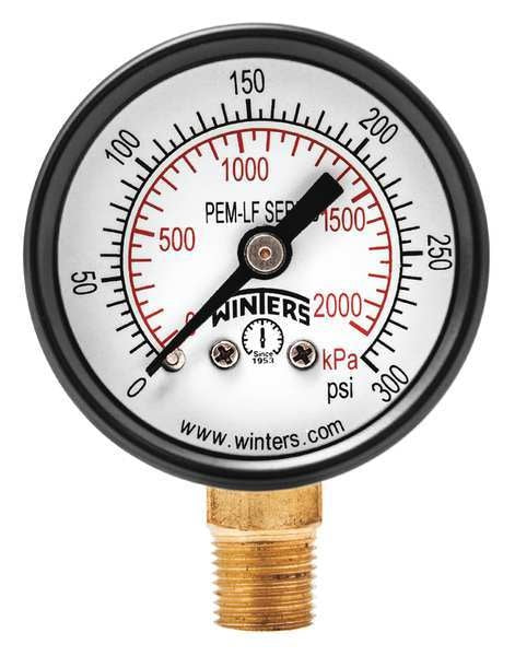 Pressure Gauge, 0 to 300 psi, 1/8 in MNPT, Steel, Black