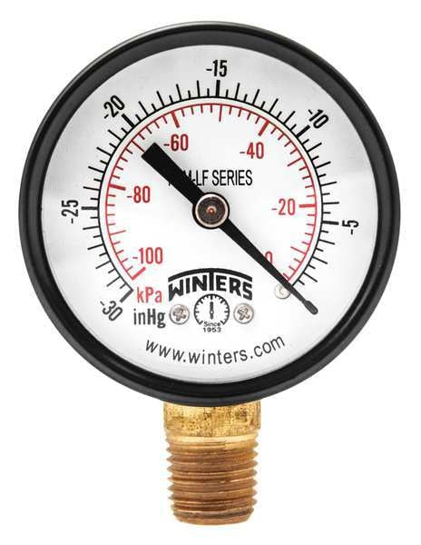 Vacuum Gauge, -30 to 0 in Hg, 1/4 in MNPT, Steel, Black