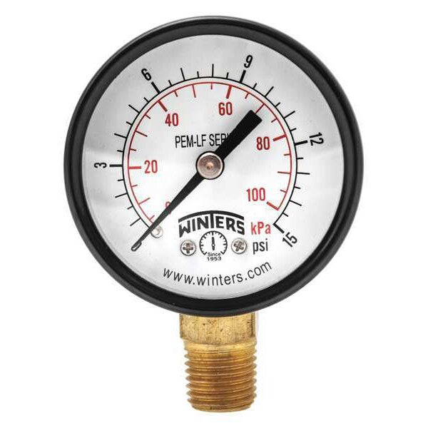 Pressure Gauge, 0 to 15 psi, 1/4 in MNPT, Steel, Black