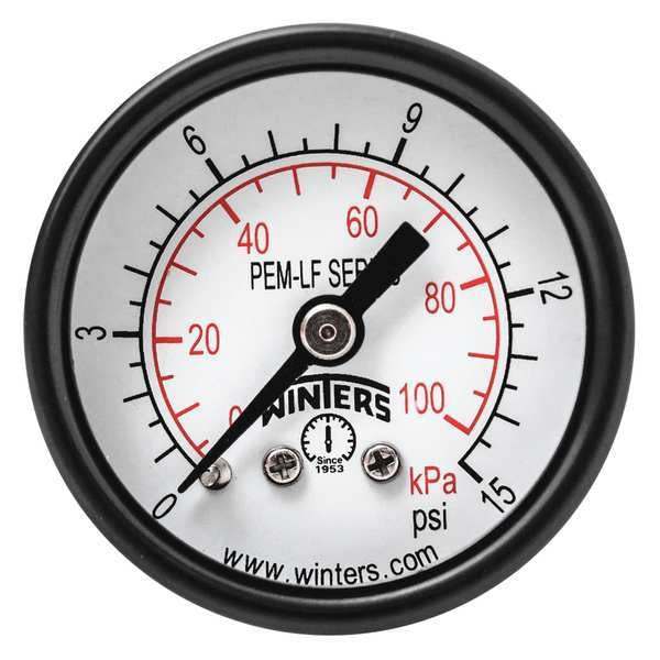 Pressure Gauge, 0 to 15 psi, 1/8 in MNPT, Steel, Black