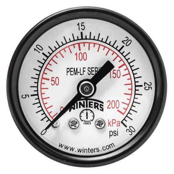 Pressure Gauge, 0 to 30 psi, 1/8 in MNPT, Steel, Black