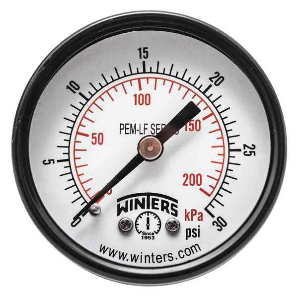 Pressure Gauge, 0 to 30 psi, 1/8 in MNPT, Steel, Black
