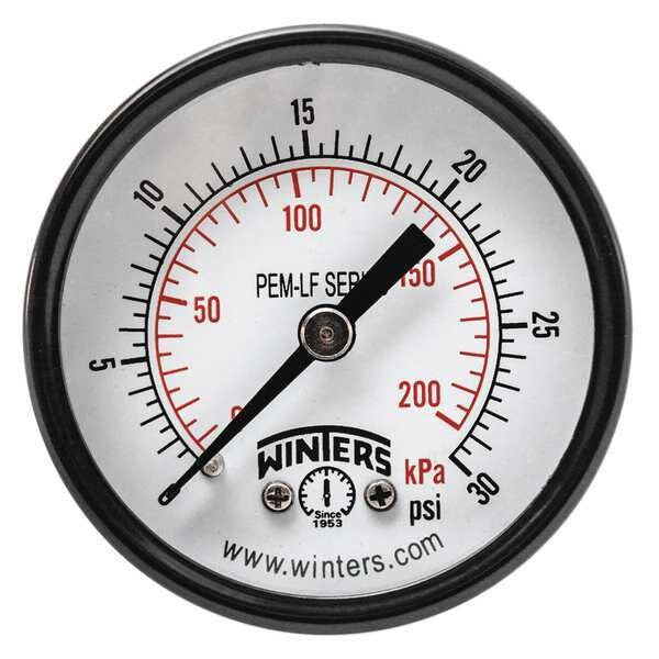 Pressure Gauge, 0 to 30 psi, 1/4 in MNPT, Steel, Black