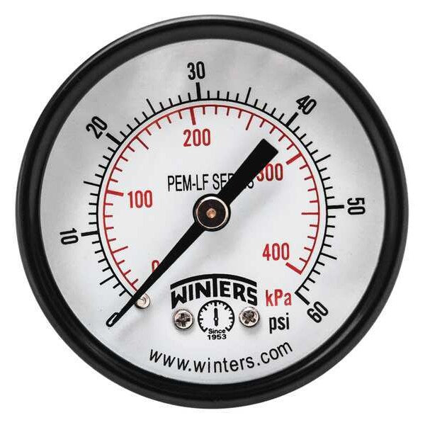 Pressure Gauge, 0 to 60 psi, 1/8 in MNPT, Steel, Black