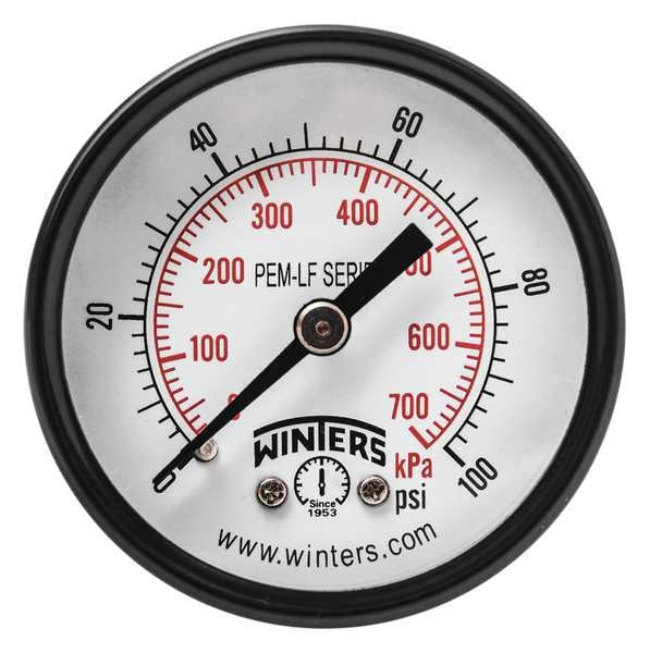 Pressure Gauge, 0 to 100 psi, 1/8 in MNPT, Steel, Black