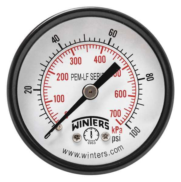 Pressure Gauge, 0 to 100 psi, 1/4 in MNPT, Steel, Black