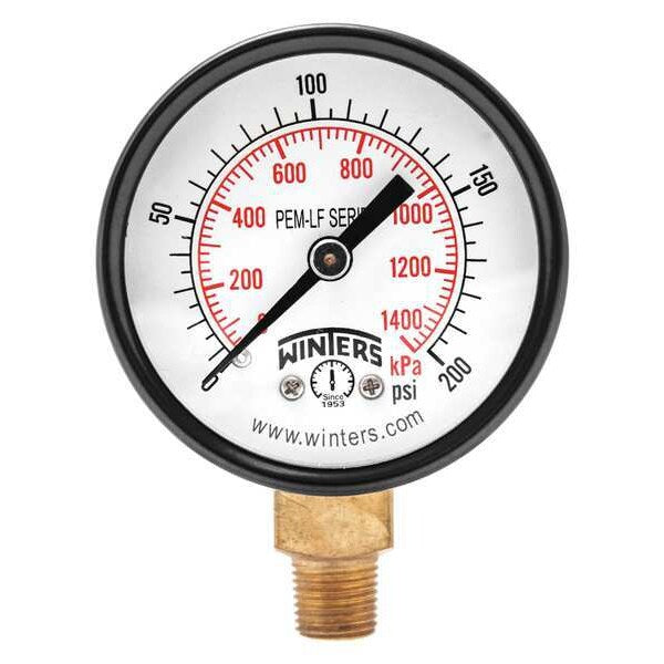 Pressure Gauge, 0 to 200 psi, 1/8 in MNPT, Steel, Black