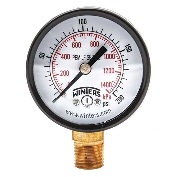 Pressure Gauge, 0 to 200 psi, 1/4 in MNPT, Steel, Black