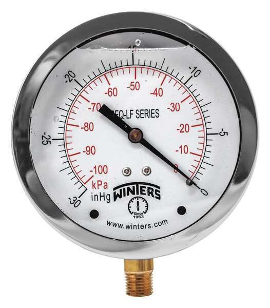 Vacuum Gauge, -30 to 0 in Hg, 1/4 in MNPT, Stainless Steel, Silver