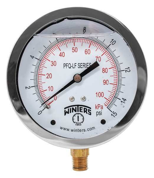 Pressure Gauge, 0 to 15 psi, 1/4 in MNPT, Stainless Steel, Silver