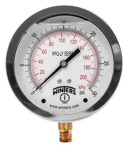Pressure Gauge, 0 to 30 psi, 1/4 in MNPT, Stainless Steel, Silver