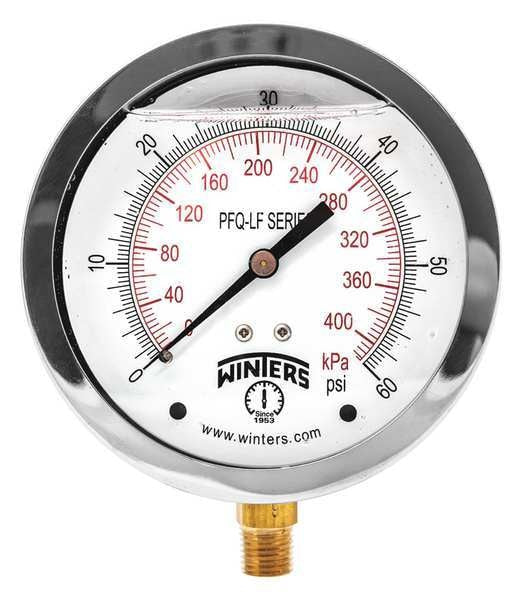 Pressure Gauge, 0 to 60 psi, 1/4 in MNPT, Stainless Steel, Silver