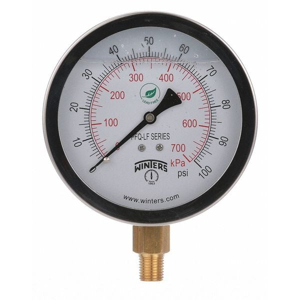 Pressure Gauge, 0 to 100 psi, 1/4 in MNPT, Stainless Steel, Silver